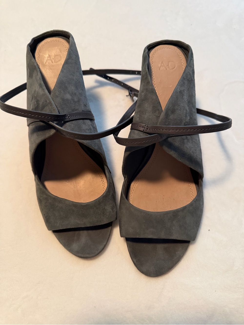Wrap Suede Heels in Gray with Ankle Tie